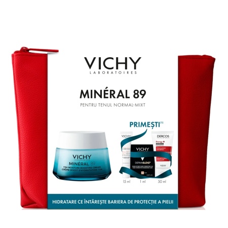 Pachet Crema pentru toate tipurile de ten Mineral 89, 50 ml + Fluid cu SPF 50+ Capital Soleil, 15 ml + Fond de ten Dermablend, 25 Nude, 1 ml + Sampon Aminexil Dercos, 50 ml, Vichy