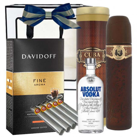 Pachet goldishold pentru barbati, Parfum Cuba 130ml, cinci trabucuri, Absolut Vodka 50ml, cafea Davidoff Fine