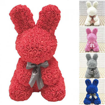 Rose Rabbit Toy - Iepuras floral 40 cm decorat manual cu trandafiri spuma in cutie