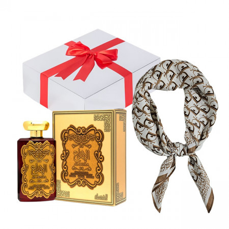 Set cadou Essence&Shawl: parfum Ard Al Zaafaran + esarfa satinata + cutie cadou cu funda