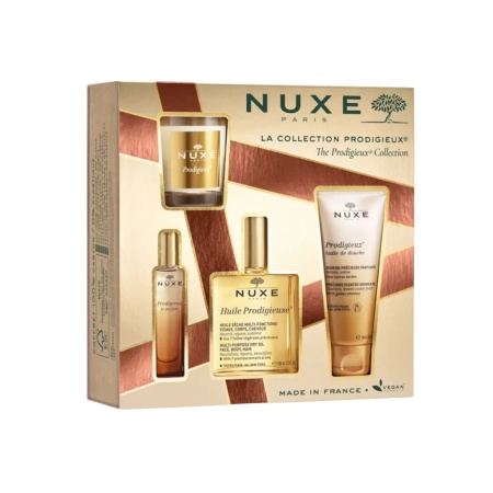 Set cadou Prodigieux Nuxe, Apa de Parfum 15 ml + Ulei de Dus 100 ml + Ulei Multifunctional Fata, Corp si Par, 100 ml + Lumanare Parfumata