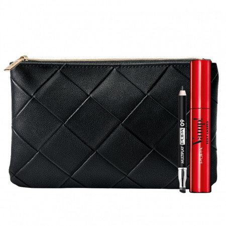 Set cadou Pupa Creion de ochi Multiplay, Double-Ended, Eyeshadow & Kajal Eyeliner 2-In-1, 09 Deep Black, 1.2 g + Mascara Vamp! Sexy Lashes, 001 Black, 12 ml + Geanta clutch