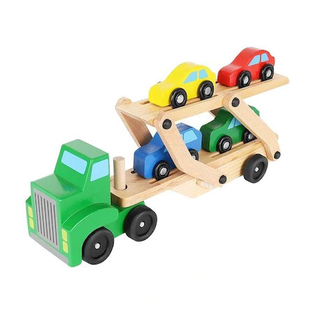 Set camion de transport cu platforma, 4 Masinute, din lemn