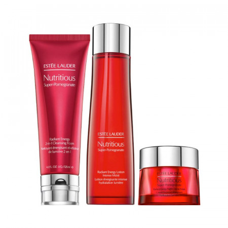 Set Estee Lauder Nutritious Super Pomegrante Radiant Energy, Spuma de curatare + Lotiune intensa + Crema de noapte