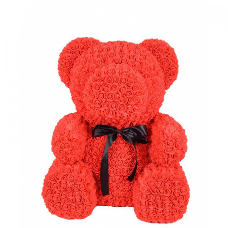 Urs mare din trandafiri de spuma in cutie cadou cu funda, 70 cm