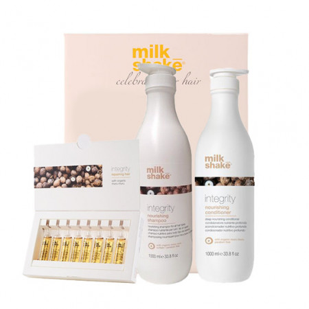 Kit pentru hidratare si reconstructie Milk Shake Integrity 1000 ml + Balsam 1000 ml + Tratament 8 x 12 ml