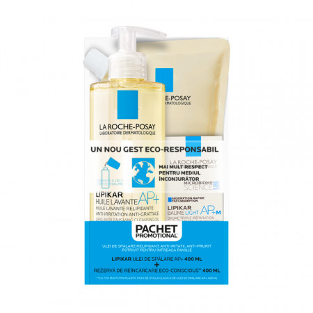 Pachet Ulei de spalare Lipikar AP+, 400 ml + Rezerva, 400 ml + Balsam Lipikar Baume Light AP+M, 15 ml, La Roche-Posay