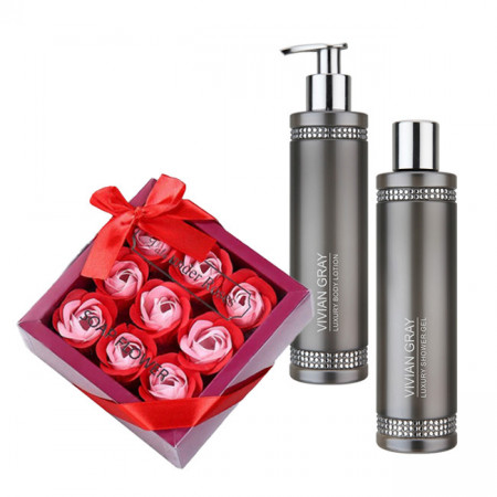 Set cadou Box of Affection, Gel de dus Vivian Gray Crystals Grey, Sapun Lichid Gel de dus Vivian Gray Crystals Grey, Cutie cu trandafiri sapun