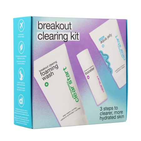 Set Dermalogica Clear Start Breakout Clearing Kit – Aqua Jelly 25 ml, Cleanser spuma de curatare 75 ml, Booster tratament local cu niacinamida 10 ml