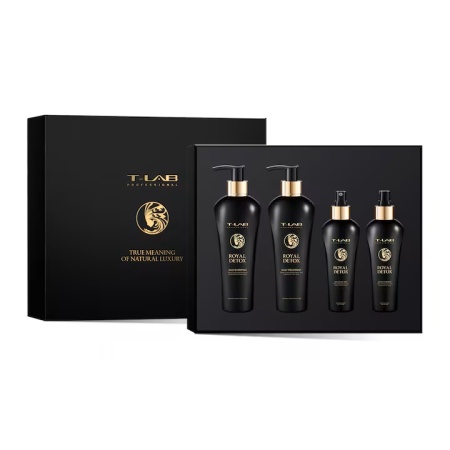 Set T-LAB Professional Royal Detox Ritual Sampon, 300 ml, Tratament par, 300 ml, Elixir par, 150 ml, Tratament fara clatire, 150 ml