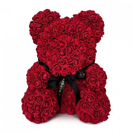 Ursulet floral bordo din trandafiri 40 cm, decorat manual, in cutie cadou