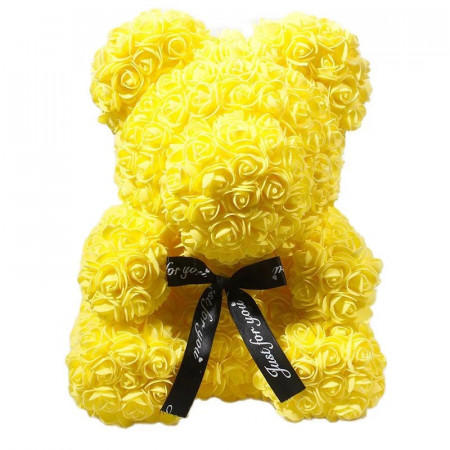 Ursulet floral galben din trandafiri 40 cm, decorat manual, in cutie cadou