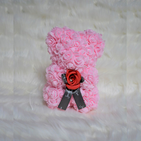 Ursulet floral roz cu trandafir rosu 25 cm, decorat manual, cutie cadou
