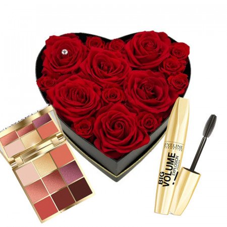 Cadou femei My Heart Red, cutie cu 15 trandafiri criogenati, paleta machiaj si mascara big volume Eveline