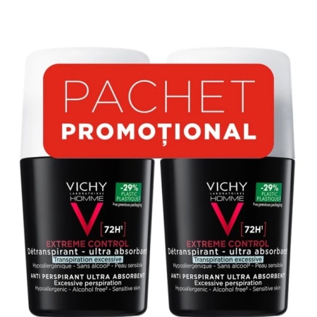 Pachet Deodorant roll-on antiperspirant pentru barbati Control Extrem 72H Vichy, 50 ml + 50 ml