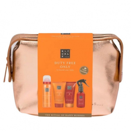 Set cadou RITUALS The Ritual of Happy Buddha, Spuma de dus 50 ml + Crema de corp 70 ml + Exfoliant pentru corp 70 ml + Parfum pentru camera 50 ml + Geanta cosmetica