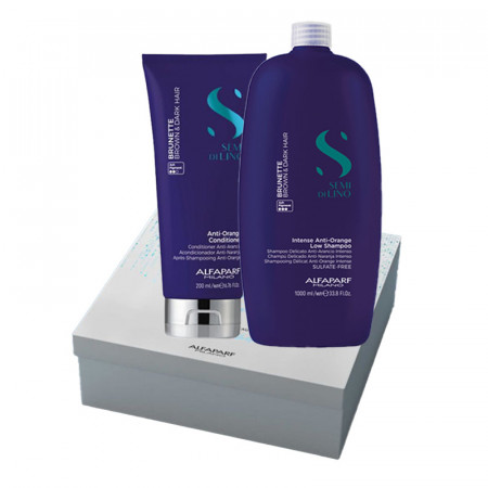 Set pentru neutralizarea tonurilor de portocaliu, Sampon 1000ml + Balsam 200ml, Alfaparf Milano Semi Di Lino Brunette