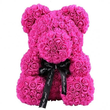 Ursulet floral fucsia din trandafiri 40 cm, decorat manual, in cutie cadou