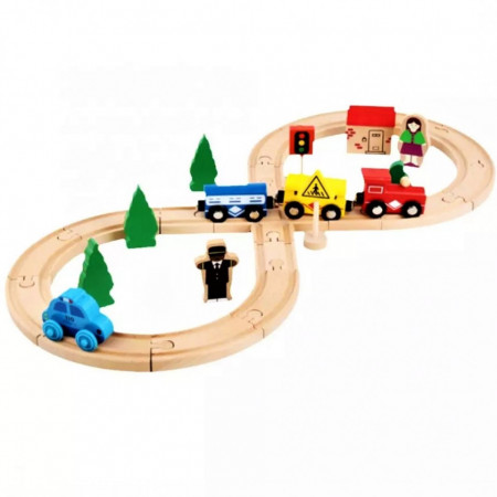 Circuit trenulet din lemn, Train Track, vagoane cu magnet, semne circulatie, cladiri
