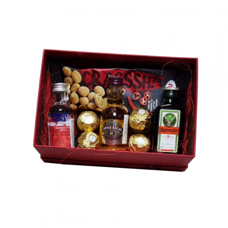 Pachet cadou Happy, cutie rosie eleganta cu selectie de bauturi alcoolice miniatura, praline si alune picante