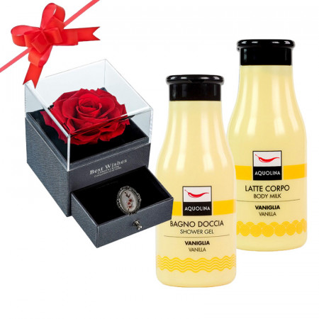 Set cadou Aquolina Vanilla, Cutie Tip Sertar cu Trandafir Criogenat