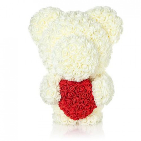 Ursulet din trandafiri albi de sapun cu inima rosie, in cutie cadou cu funda, 55 cm