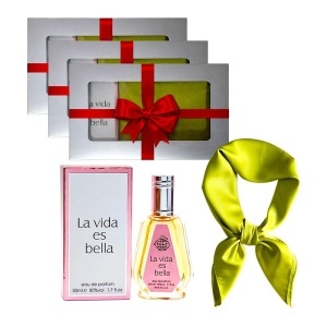 3 x Set Elysa – Apa de Parfum La Vida es Bella Fragrance World 50ml, Esarfa satinata verde