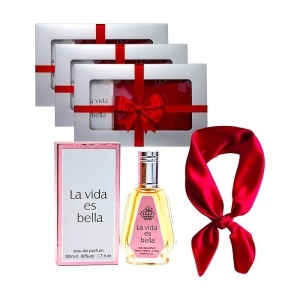 3 x Set Elysa – Apa de Parfum La Vida es Bella Fragrance World 50ml, Esarfa satinata rosie
