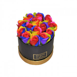 Aranjament floral cutie rotunda neagra cu trandafiri de sapun multicolori - Img 2