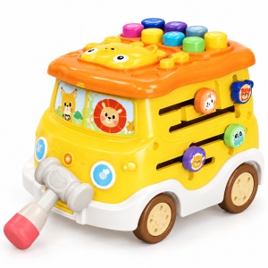 Autobuz educational multifunctional pentru copii, cu tobe, lumini, sunete, activitati interactive si ciocanel, Galben