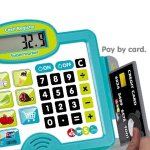 Casa de marcat interactiva cu ecran tactil, LCD electronic, sertar de bani, sunete si lumini, scanner, cititor de carduri, bancnote, monede si cantar