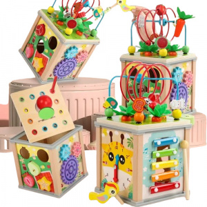 Centru din lemn educativ Montessori, Cub activitati bebelusi 7 in 1, labirint, fructe, viermisori, morcovi, sortator de fructe, xilofon, ceas, roti zimtate - Img 5