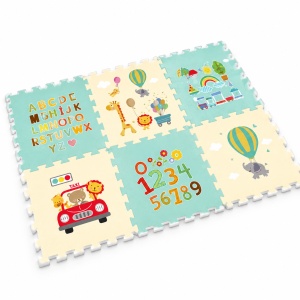 Covor puzzle pentru copii, 6 placi cu animale, cifre si litere, geanta inclusa, 180 x 120 x 1,5 cm