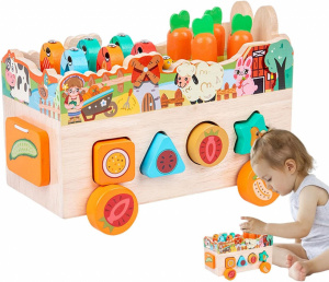 Jucarie Educativa din Lemn cu Functii Multiple - Carucior Sortator si Pescuit Magnetic