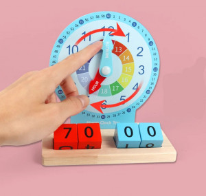 Jucarie Educativa si Interactiva Montessori, Ceas din Lemn cu Alarma, Diferite Forme Geometrice si Cartonase Multicolore - Img 5
