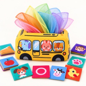 Jucarie senzoriala pentru bebelusi, cutie tip autobuz cu servetele textile colorate, 0+ luni