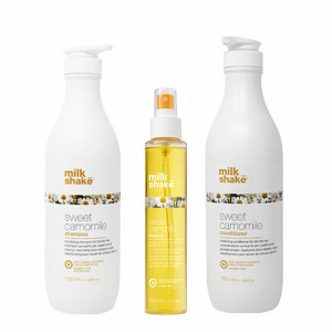 Kit pentru ingrijirea parului blond Milk Shake Sweet Camomile Sampon 1000 ml + Balsam 1000 ml + Tratament 150 ml - Img 2