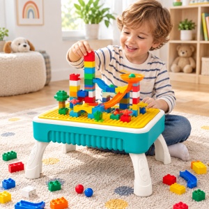Masa de activitati 3 in 1, set de constructie cu 58 piese, circuit cu bile si tabla de desen, pliabila tip valiza, Turcoaz - Img 3