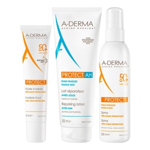 Pachet A-Derma Protect – Fluid invizibil protectie solara SPF 50+, 40 ml + Spray protectie solara SPF 50+, 200 ml + Lotiune reparatoare after sun Protect AH, 250 ml