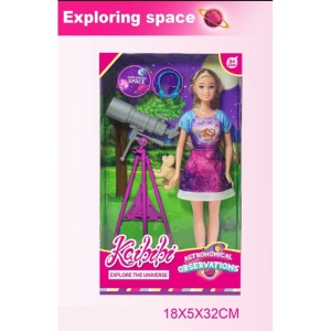 Papusa exploratoare a spatiului cu telescop si catelus – set de joaca Exploring Space