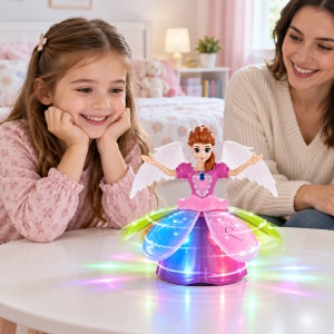Papusa interactiva Angel Girl cu rotire, lumini si muzica, aripi si rochie multicolora, 18 luni+. - Img 3
