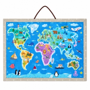 Puzzle magnetic educativ Harta Lumii, 168 piese, animale si obiective turistice, cu snur, 3+ ani