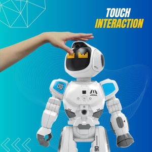 Robot inteligent pentru copii, Cu telecomanda, 50 de miscari, Senzori de atingere, Activare sunet, Expresii faciale, Sunete si lumini, Ariculatii mobile
