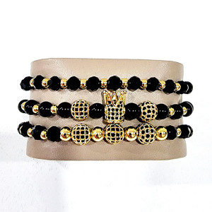 Set 3 bratari Royal din otel inoxidabil, onix si zirconiu, Unisex, gold - Img 2