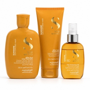 Set Alfaparf Semi di Lino Sunshine – Sampon After-Sun 250 ml + Tratament After-Sun 200 ml + Ulei protector UV 125 ml