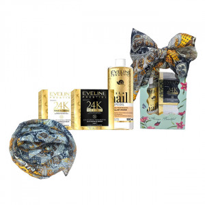 Set cadou Crema de zi anti-rid Eveline Cosmetics Prestige 24k Snail & Caviar 50 ml + Crema de noapte anti-rid Eveline Prestige 24k Snail & Caviar 50 ml + Apa micelară 3 în 1 Royal Snail, 500 ml + Esarfa matase
