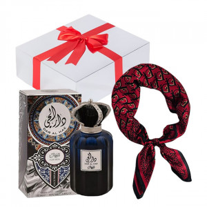 Set cadou Essence&Shawl: parfum Ard Al Zaafaran Dar Al Hae + esarfa satinata + cutie cadou cu funda 