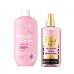 Set cadou Eveline Cosmetics Spray de corp Pink Panther Sensual Body Spray, 150 ml + Balsam hidratant pentru corp, Sunshine Ready!, 350 ml