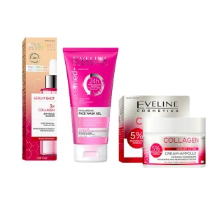Set cadou Eveline Cosmetics Youthful Glow, Crema hranitoare pentru ten matur Collagen Therapy, 50 ml + Gel de curatare 3 in 1 cu acid hialuronic FaceMed+, 150 ml + Ser de fata cu colagen Serum Shot 3X Colagen 24k Gold Elastin, 30 ml