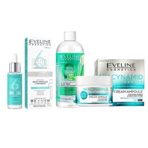 Set cadou Eveline Niacinamide Clear Glow Crema pentru ten cu imperfectiuni, 50 ml + Ser reparator lipidic cu ceramide, 6 Ceramide, 30 ml + Apa micelara Aloe Vera 3in1, 400 ml